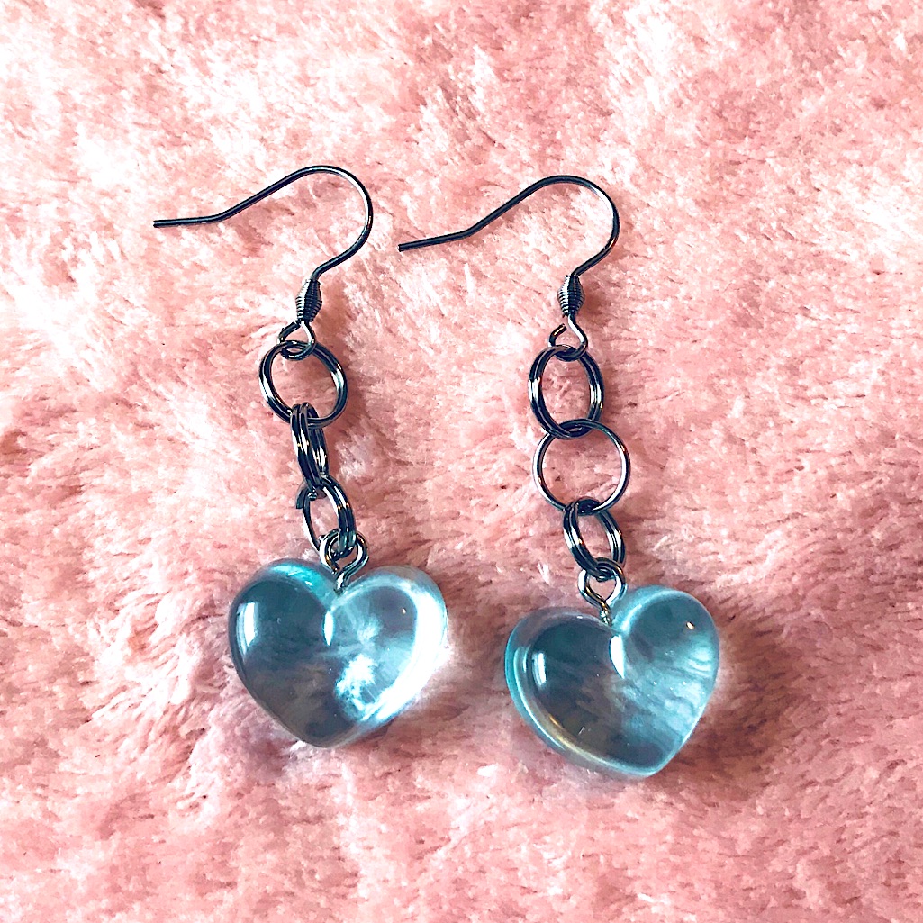 Blue Hard Resin Handmade Heart Stainless Steel Earrings
